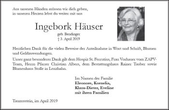 Traueranzeige von Ingebork Häuser von vrm-trauer