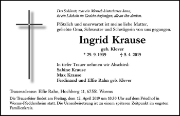 Traueranzeige von Ingrid Krause von vrm-trauer