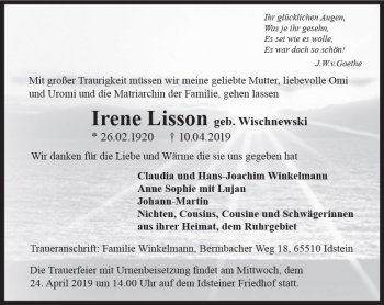 Traueranzeige von Irene Lisson von vrm-trauer