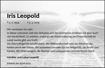 Traueranzeige von Iris Leopold von vrm-trauer