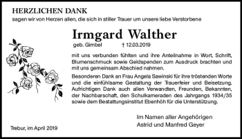 Traueranzeige von Irmgard Walther von vrm-trauer