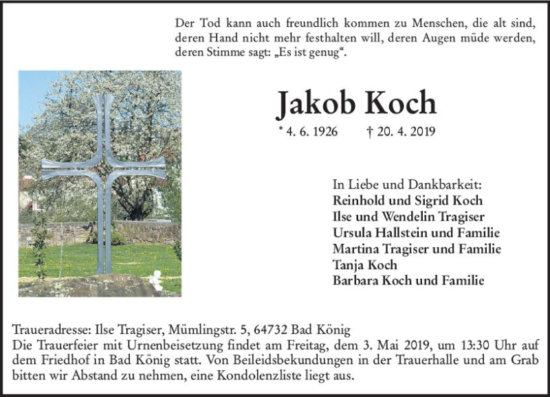  Traueranzeige für Jakob Koch vom 27.04.2019 aus vrm-trauer