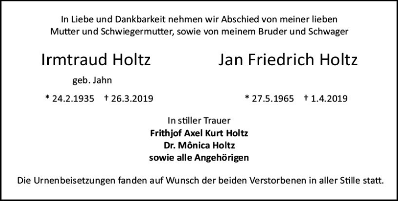  Traueranzeige für Jan Friedrich Holtz vom 20.04.2019 aus vrm-trauer