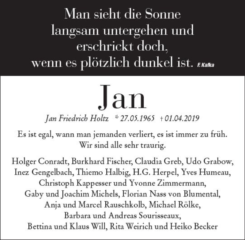  Traueranzeige für Jan Friedrich Holtz vom 27.04.2019 aus vrm-trauer