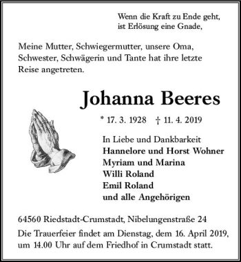 Traueranzeige von Johanna Beetes von vrm-trauer