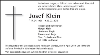 Traueranzeige von Josef Klein von vrm-trauer