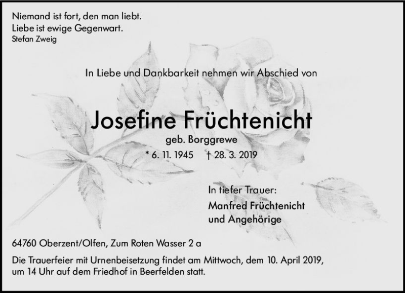  Traueranzeige für Josefine Früchtenicht vom 06.04.2019 aus vrm-trauer