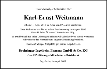 Traueranzeige von Karl-Ernst Weitmann von vrm-trauer