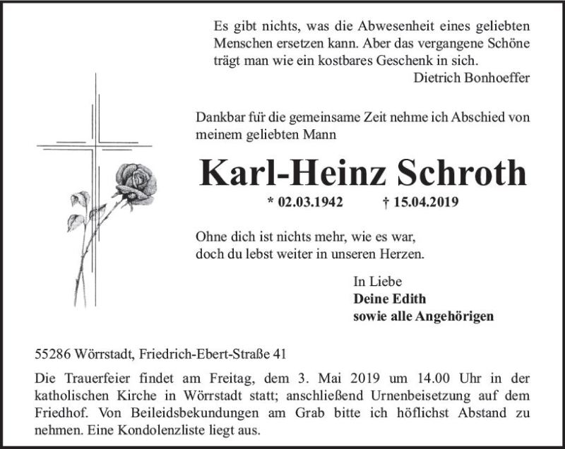  Traueranzeige für Karl-Heinz Schroth vom 29.04.2019 aus vrm-trauer