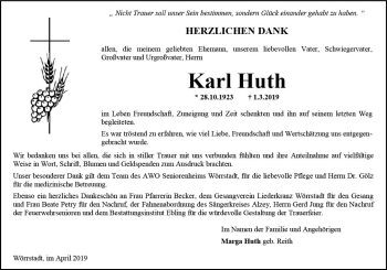 Traueranzeige von Karl Huth von vrm-trauer