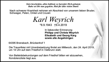 Traueranzeige von Karl Weyrich von vrm-trauer