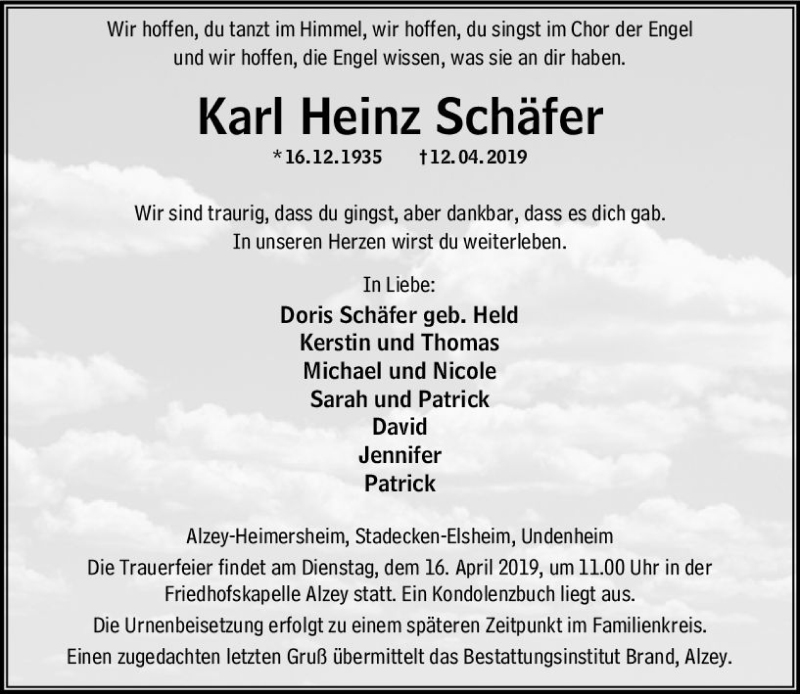  Traueranzeige für Karl Heinz Schäfer vom 13.04.2019 aus vrm-trauer