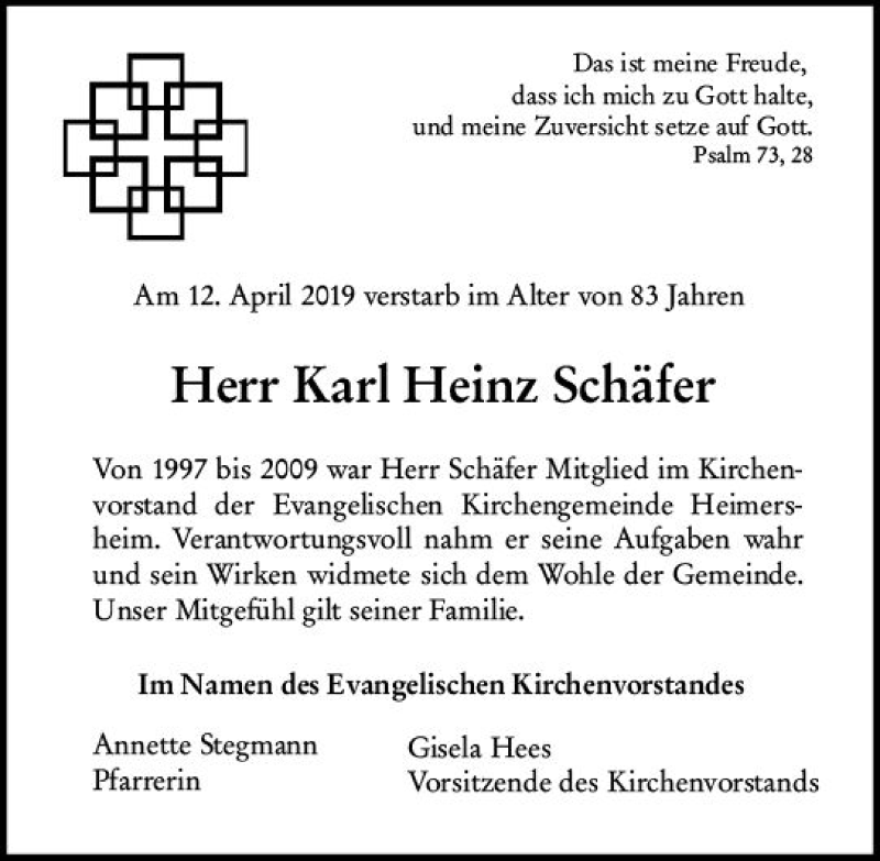  Traueranzeige für Karl Heinz Schäfer vom 16.04.2019 aus vrm-trauer