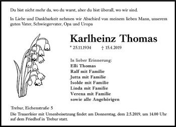 Traueranzeige von Karlheinz Thomas von vrm-trauer