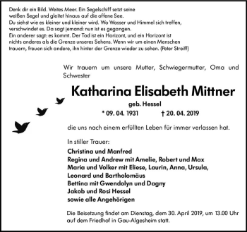 Traueranzeige von Katharina Elisabeth Mittner von vrm-trauer