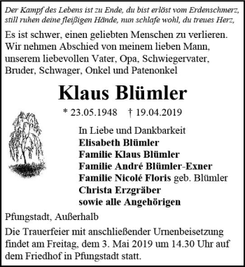 Traueranzeige von Klaus Blümler von vrm-trauer