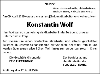 Traueranzeige von Konstantin Wolf von  WBT - Weilburger Tageblatt ()