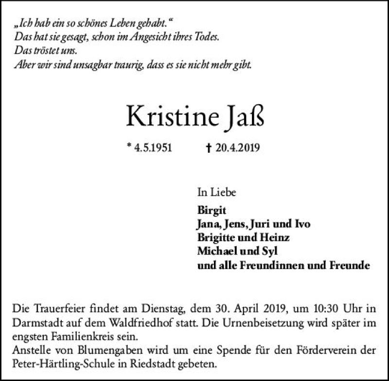 Traueranzeige für Kristine Jaß vom 27.04.2019 aus vrm-trauer