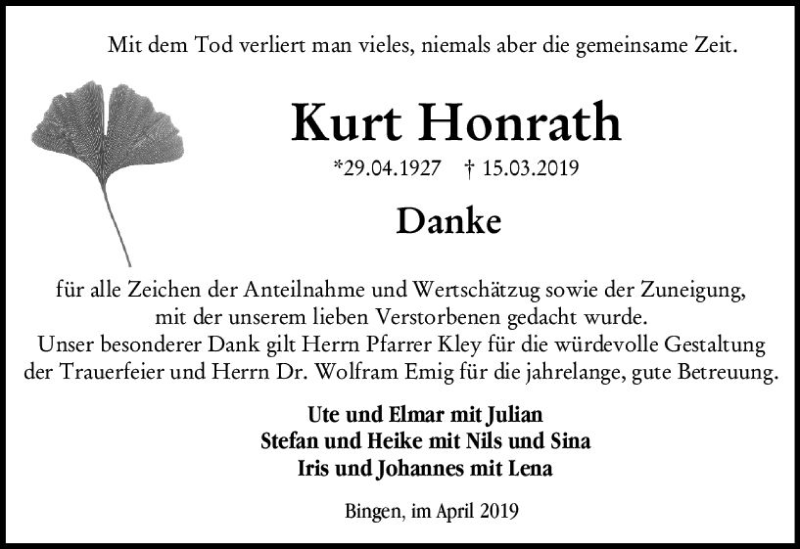  Traueranzeige für Kurt Honrath vom 27.04.2019 aus vrm-trauer
