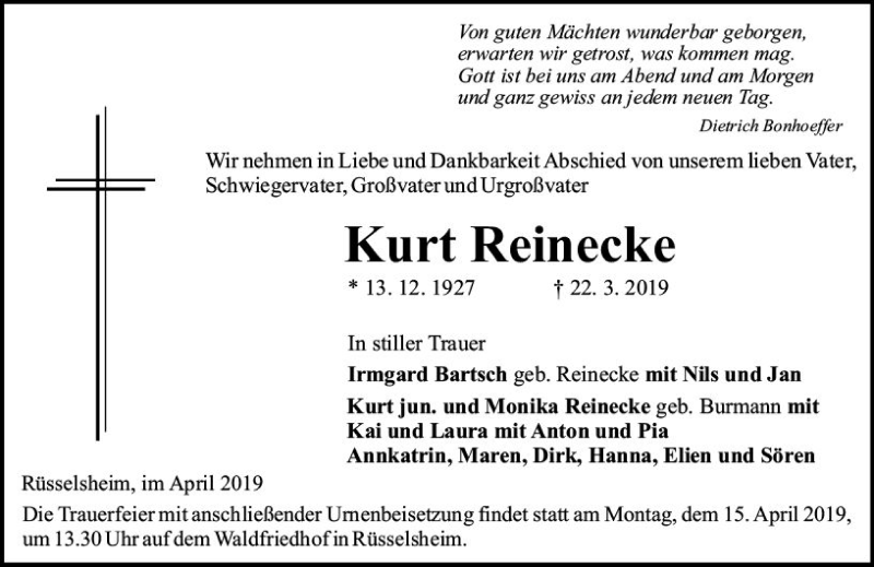  Traueranzeige für Kurt Reinecke vom 06.04.2019 aus vrm-trauer