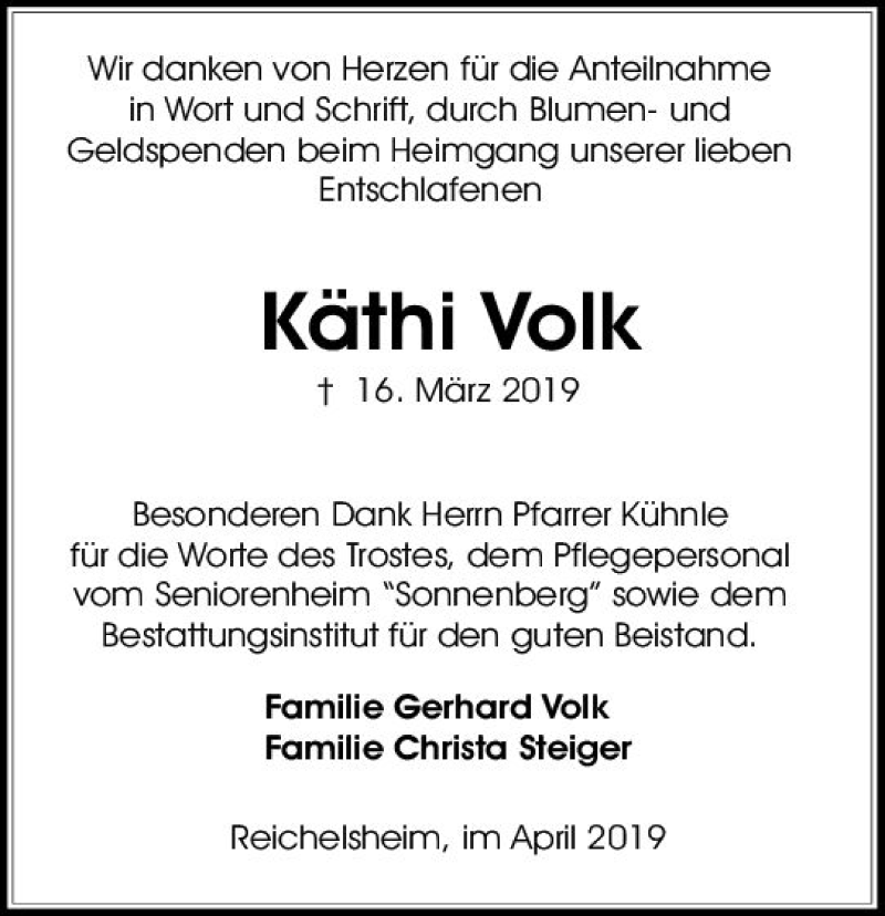  Traueranzeige für Käthi Volk vom 20.04.2019 aus vrm-trauer