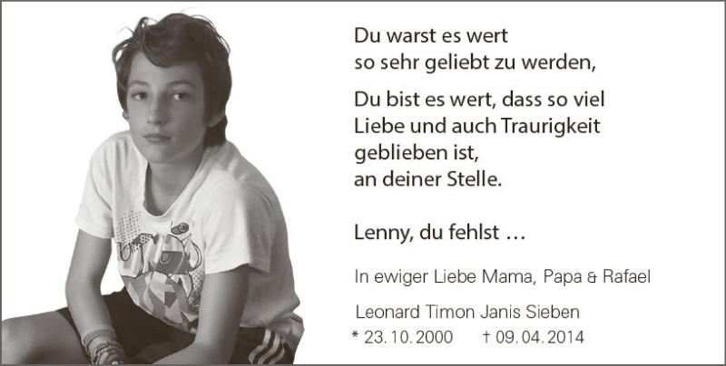 Traueranzeige für Leonard Timon Janis Sieben vom 09.04.2019 aus vrm-trauer
