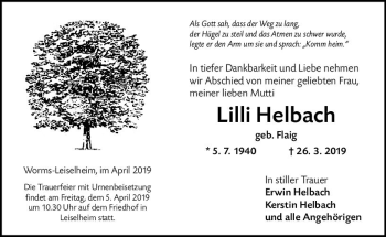 Traueranzeige von Lilli Helbach von vrm-trauer