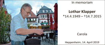 Traueranzeige von Lothar Klapper von vrm-trauer