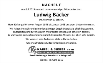 Traueranzeige von Ludwig Bäcker von vrm-trauer