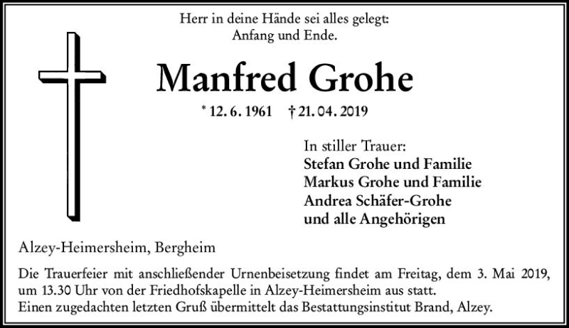  Traueranzeige für Manfred Grohe vom 27.04.2019 aus vrm-trauer