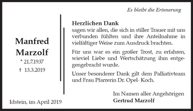  Traueranzeige für Manfred Marzolf vom 20.04.2019 aus vrm-trauer