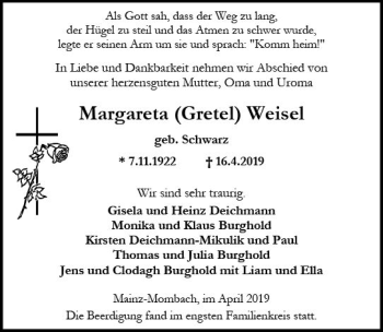 Traueranzeige von Margareta Weisel von vrm-trauer
