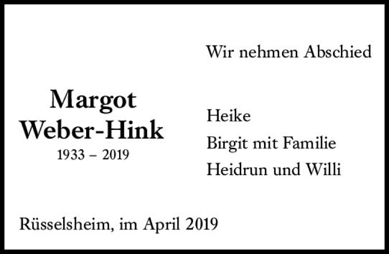  Traueranzeige für Margot Weber-Hink vom 20.04.2019 aus vrm-trauer
