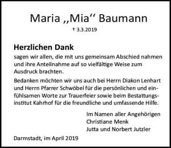 Traueranzeige von Maria Baumann von vrm-trauer