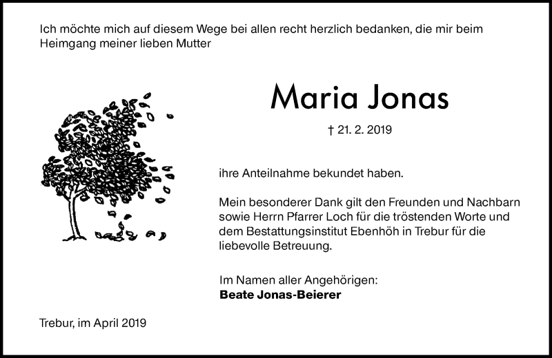  Traueranzeige für Maria Jonas vom 05.04.2019 aus vrm-trauer