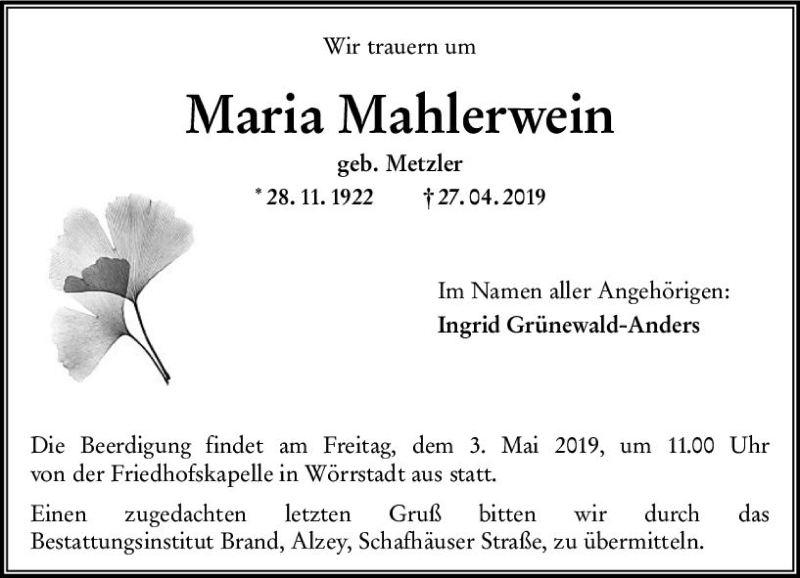  Traueranzeige für Maria Mahlerwein vom 30.04.2019 aus vrm-trauer