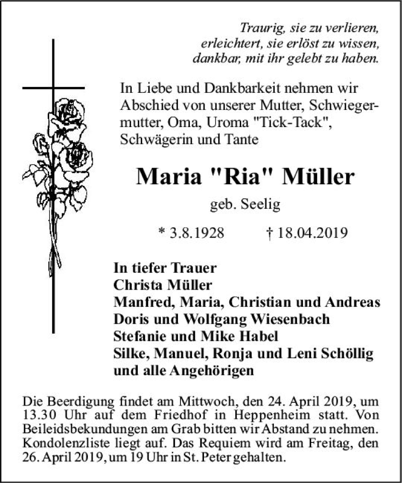  Traueranzeige für Maria Müller vom 20.04.2019 aus vrm-trauer