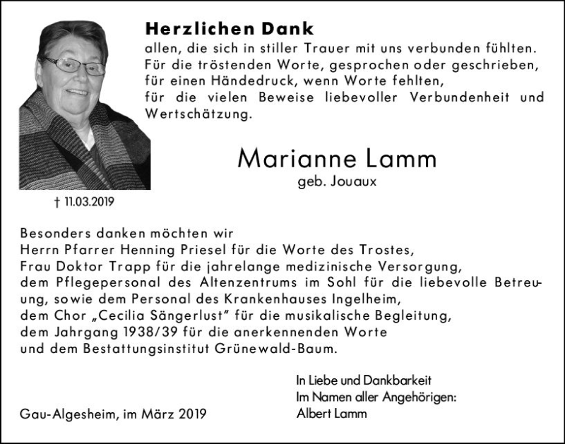  Traueranzeige für Marianne Lamm vom 06.04.2019 aus vrm-trauer