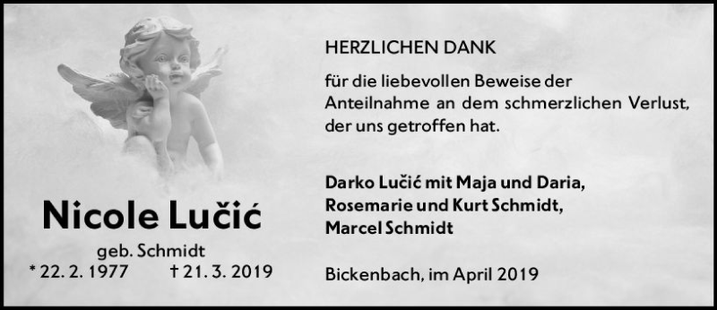  Traueranzeige für Nicole Lucic vom 27.04.2019 aus vrm-trauer