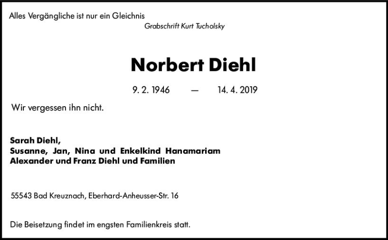  Traueranzeige für Norbert Diehl vom 16.04.2019 aus vrm-trauer
