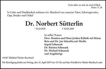 Traueranzeige von Norbert Sütterlin von vrm-trauer