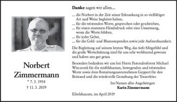 Traueranzeige von Norbert Zimmermann von  Dill Block ()