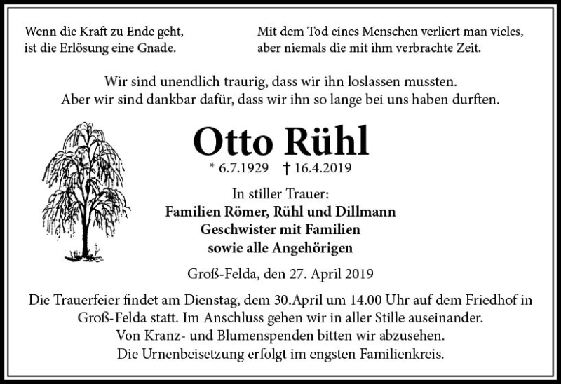  Traueranzeige für Otto Rühl vom 27.04.2019 aus VRM Trauer