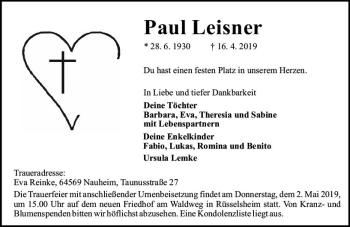Traueranzeige von Paul Leisner von vrm-trauer