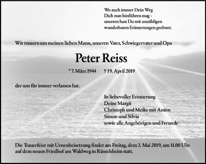  Traueranzeige für Peter Reiss vom 27.04.2019 aus vrm-trauer