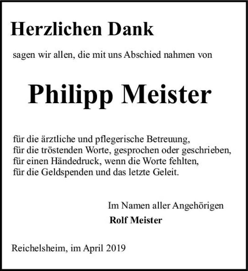  Traueranzeige für Philipp Meister vom 13.04.2019 aus vrm-trauer