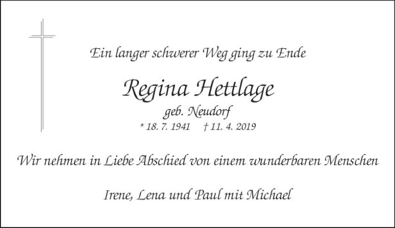  Traueranzeige für Regina Hettlage vom 27.04.2019 aus vrm-trauer
