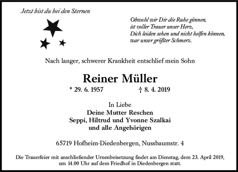  Traueranzeige für Reiner Müller vom 18.04.2019 aus vrm-trauer