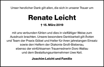 Traueranzeige von Renate Leicht von vrm-trauer
