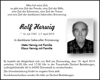 Traueranzeige von Rolf Herwig von vrm-trauer